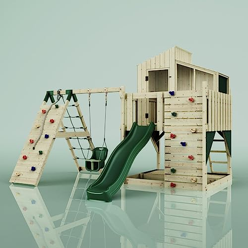 Rebo Outdoor Spielturm mit Wellenrutsche | Spielhaus aus Holz mit Kinderschaukel, Kletterwand, Kletternetz | Stabile Konstruktion, Weiches Gefühl in den Seilen