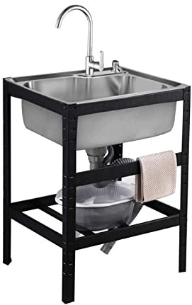 Küchenspüle aus Edelstahl mit Ständer – vielseitige schwarze Spüle mit Wasserhahn und Ablauf für Zuhause, Garage, Wäsche und Außenbereich – inklusive Handtuchhalter für zusätzlichen Komfort