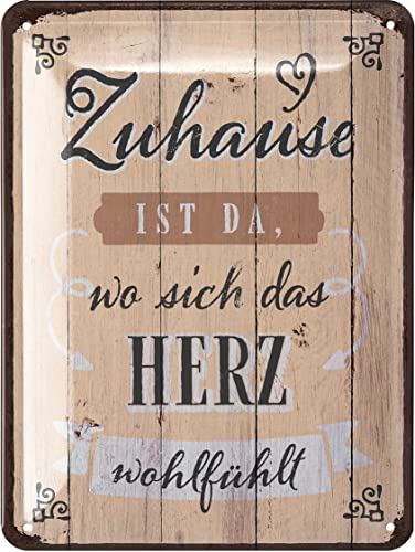 LANOLU Retro Blechschild ZUHAUSE ist, wo das Herz sich wohlfühlt, Geschenk zum Einzug, Richtfest Geschenk, Metallschilder Familienregeln Holzschild Optik, Schilder mit Sprüchen gewölbt 15x20cm
