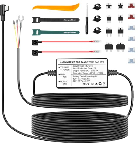 Range Tour Dashcam Hardwire Kit, USB-C 12V-24V bis 5V Harter Draht Auto Ladegerät Kabelsatz Kit mit Sicherung und Sicherungshahnkabel für Dashcam GPS Parkmodus und den Niederspannungsschutz