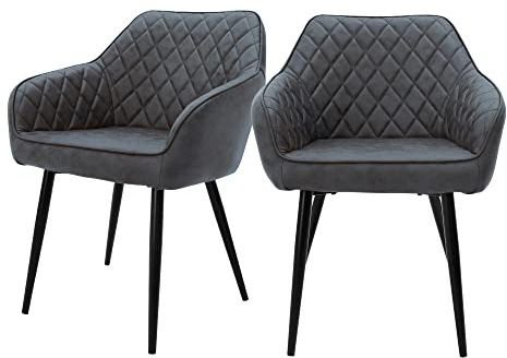 ML-Design 2er Set Esszimmerstühle mit Armlehne & Rückenlehne, Anthrazit, Küchenstuhl mit Kunslederbezug, Polsterstuhl mit Metallbeinen, Ergonomischer Stuhl für Esstisch, Esszimmerstuhl Wohnzimmerstuhl