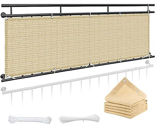 Balkonverkleidung 130 x 1000 cm Wind- und UV-Schutz, Privatsphäre Balkonumrandung mit Ösen und Kordel für Gartenzaun Balkonzaun, Creme Farben