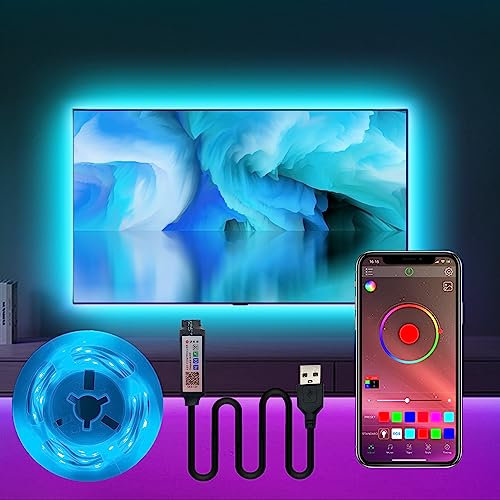 KEXU LED-Leuchten für Fernseher, 3 m, USB-LED-Lichtstreifen für 55,9–165,1 cm (22–65 Zoll) große TV-LED-Lichter, RGB-Musik-Synchronisation, TV-Hintergrundbeleuchtung mit App-Steuerung, LED-Leuchten