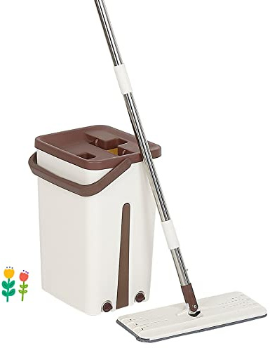 Juego de Escoba Lavadora Escoba Plana y Fregona Plana, Cubo Plano para Fregona Seca y Sistema de Limpieza Cómodo Lavado-Libre Retractil (Rayado - Marrón)