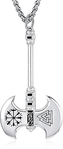 KATHLU Halskette mit Nordischer Wikinger Thor Axt Valknut Runen für Männer und Frauen Helm der Ehrfurcht Heidnische Mythologie Schutzanhänger Schmuck Geschenk- Silber