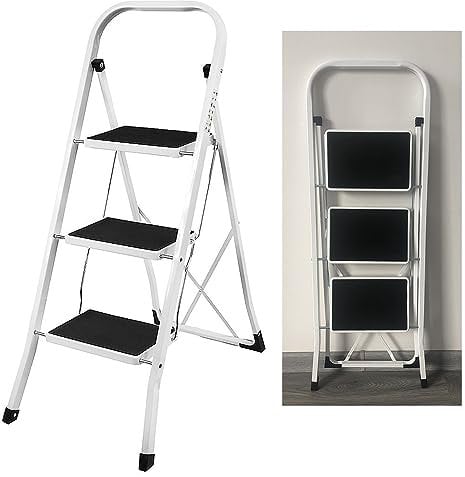 Folding 3 Tread Step Ladder Heavy Duty Steel Safety Stepladder Portable Three Steps Ladder Step Stool with Handrail Support & Non-slip Mat Tread for Kitchen Home Garden Office