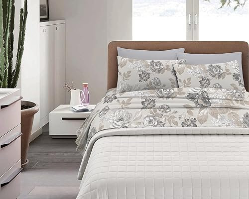 Il Gruppone Passione Casa Completo Letto in Cotone Di Flanella Calda e Morbida Anti Pilling - Set Lenzuola Flanellato 3 Misure parure con Federe - Singolo - Riga Rosa (Matrimoniale, Roses Gray)