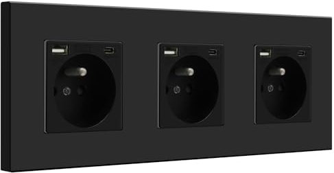 BSEED Triple Prise Murale avec USB et 1 Type C,Prise de Courant Alternatif avec Panneau en Plastique,Multiprise Murale(Max 2.1A),Convient au Smartphone,à la Tablette (2 Prise avec USB et Type C,Noir)