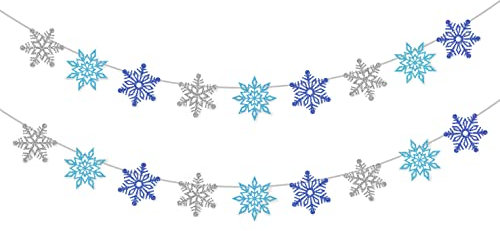 2 Stück Glitzer Winterdeko Girlande, Schneeflocken Deko Flagge, Girlande Weihnachten für Schneeflocken Deko, Weihnachten Deko, Winter Deko (Blau)