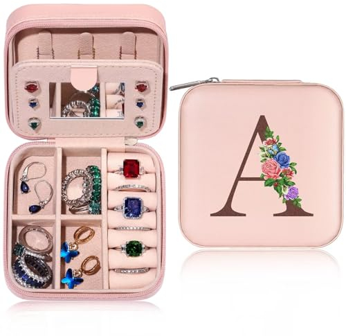 TINGN Initiale Schmuckkästchen Mädchen Damen Personalisierte Geschenke für Frauen Kleine Schmuckschatulle mit Namen Reise Schmuckkästchen mit Spiegel Geschenk für Geburtstage Muttertag Weihnachten
