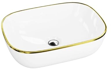 LAVITA Aufsatzwaschtisch Costa Gold Line Aufsatzwaschbecken Rechteckig Waschbecken ohne Überlauf und Hahnloch Aus hochwertigem Porzellan Waschtisch Badkeramik Waschplatz 46x32,5x13,5cm Weiß/Gold