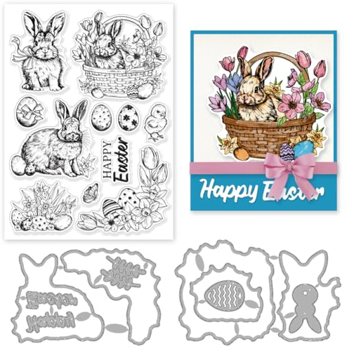 INFUNLY 3-Teiliges Transparentes Stempel- Und Stanzformen-Set „Retro-Kaninchen“ Für Die Kartenherstellung „Frohe Ostern“-Wörter Transparente Stempel Vintage-Hasen-Metall-Stanzformen Eier-Stempel Blum