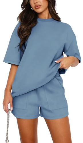 REORIA Damen Tracksuit Kurzarm Rundhalsausschnitt Einfarbig Zweiteiler Hausanzug Loungewear Outfit Jogger Trainingsanzug Set Grau Blau XXL
