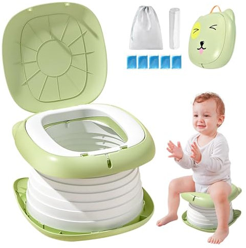 Töpfchen Falttoilette Kinder, Klapptoilette Für Kinder, Zusammenklappbarer Toilettensitz Mit Müllsäcke, Faltbarer Toilettensitz, Tragbares Reise-Klapptöpfchen Für Drinnen Und Draußen 0-8Jahre (Grün)