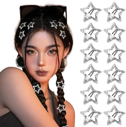 BOFUNX 12 Stücke Stern Haarspangen Silber Pailletten Y2K Haarschmuck Pentagramm Hair Clips für Mädchen und Frauen, 3cm