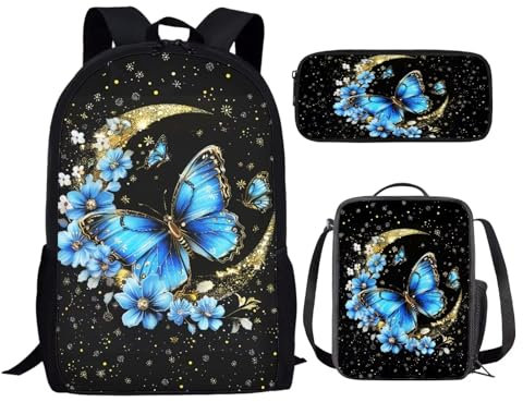 chaqlin Schultaschen-Set für Kinder, 3-teilig, Rucksack mit Lunchtasche, Federmäppchen, Tier, Dinosaurier, Wolf, Fußball, bedruckt, für Jungen und Mädchen, Mond, Schmetterling, Einheitsgröße,