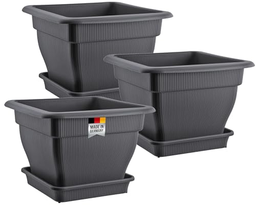 BURI Juego de 3 maceteros grandes para exteriores, tamaño XL, con almacenamiento de agua, tamaño grande, 48 x 48 cm, maceta y platillo, maceta de plástico, macetas para plantas, macetas fabricadas en