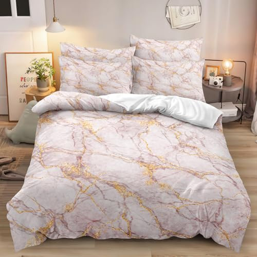 Luowei Marmor Muster Bettwäsche 200x200 cm Rosa Bettwäsche Set Microfaser Luxus Modern Bettbezug und 2 Kissenbezüge 80×80cm mit Reißverschluss