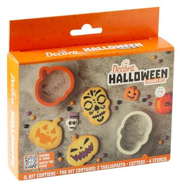 Decora, 0255223 Set décoratif Halloween, 2 emporte-pièces citrouille et crâne + 4 pochoirs décoratifs, idéal pour créer des biscuits décorés tridimensionnels, fabriqués en Italie, lot de 6 pièces.