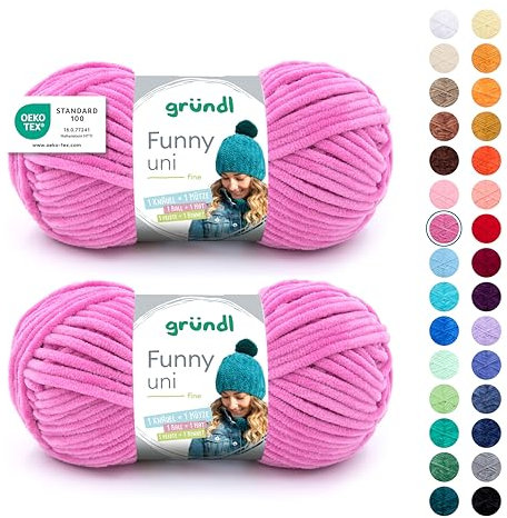 Gründl Wolle Funny uni - weiche Chenille Wolle zum Häkeln - Kuschelig und hautfreundlich - 100% Polyester - 2 Knäuel 100 g / 120 m - Nadelstärke 5-6, Fuchsia