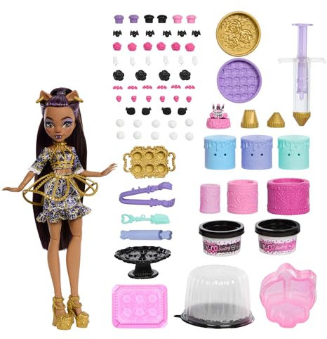 Monster High Scary Sweet Birthday Tortenset mit Clawdeen Wolf-Puppe, Spielset zum Tortendekorieren mit über 20 Zubehörteilen wie schaurigem Zuckerguss, Pipette und mehr, JBG78