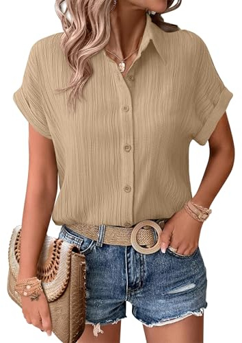 Zeagoo Blouses Women's Summer Short Sleeve Dress Shirt with V Neck Comfy Button Down Casual Tops for Ladies Work Office Champagne-S