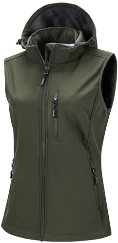 33,000ft Women's Lightweight Softshell Gilets with Hood Sleeveless Jacket Waterproof Windproof Vest Lady's Fleece Lined Vest with 5 Zip up Pockets Olive Green S