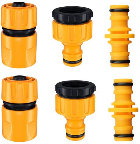 6-Piece Garden Hose Connector Kit - External Faucet to Hose Adapter, Including 2 Double Male Connectors and 2 Hose End Quick Couplings, 2 2-in-1 Faucet Adapters in 1/2 Inch and 3/4 Inch Sizes.
