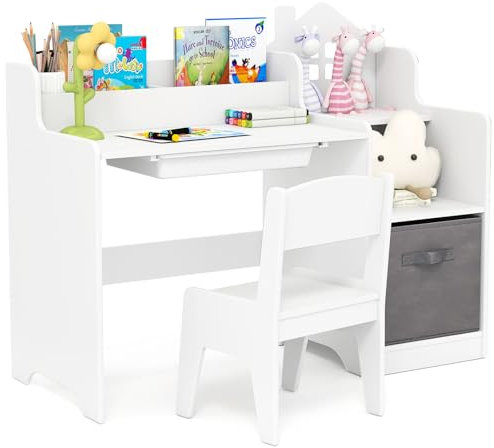 GYMAX Kids Desk and Chair Set, Children Writing Table with Drawer, Open Shelves and Storage Bin, Wooden Student Study Desk Set for Boys Girls, 94 x 40 x 76cm (White)
