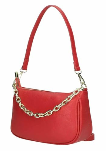 Made in Italy Damen Leder Tasche Pochette mit Kette Schultertasche Handtasche City Bag Umhängetasche Clutch Ledertasche Bodybag Schmucktasche Crossbody Cross-Over Rot