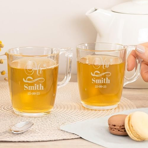 Wanapix | Pack 2 Tazas de Té Personalizadas con Nombre Grabado | Tazas de Cristal para infusiones | Capacidad 25 cl | Vidrio templado extra resistente | Aptas para Lavavajillas y Microondas | Mr & Mrs