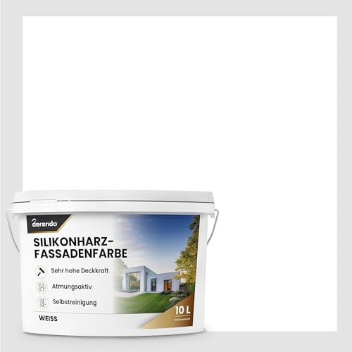 derendo Premium Silikonharz Fassadenfarbe Wetterschutz Abperleffekt wie beim Lotus Blatt, inkl. Schutz vor Verunreinigungen durch hochwertige Silikonharz-Beschichtung Weiss, 2,5 l