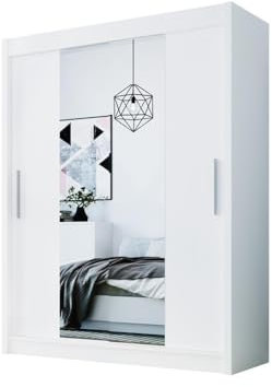 D2 - Armario con puertas correderas blancas de 120 cm con espejo, 120 x 200 x 58 cm, mueble de dormitorio moderno y armario de almacenamiento multiusos