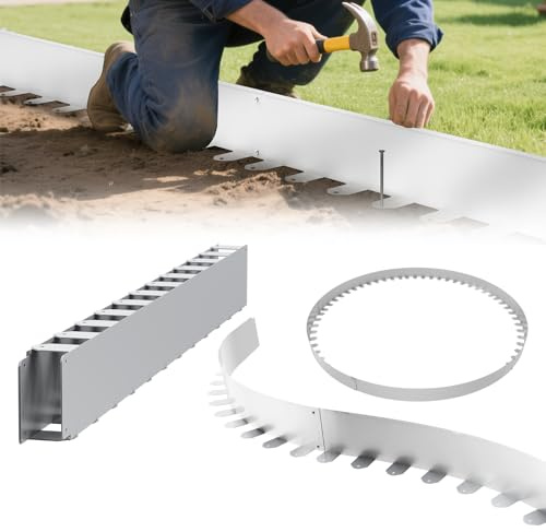 Aufun Flexible Rasenkante verzinkt Edelstahl 10M Mähkante Metall mit 50 Erdanker, Höhe 100 mm Wetterbeständige Rasenabgrenzung Beeteinfassung, Landschaftskante, Terrassenplattenkanten, Silber
