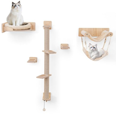 COSTWAY Wall Mounted Cat Tree, 5PCS Cat Wall Shelves with 2 Hammocks, Bed, Steps, Jute Scratching Posts & Plush Cushions, Wooden Kitten Climbing Shelf Activity Furniture Set