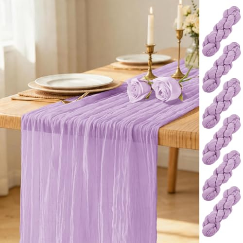 6er-Pack Tischläufer Lavendel, 45 x 275 cm Käsetuch Tischläufer, Boho-Gaze-Tischläufer, rustikale Käsetuch-Tischläufer aus transparentem Stoff für Hochzeitsfeier, Brautparty, Tischdekoration