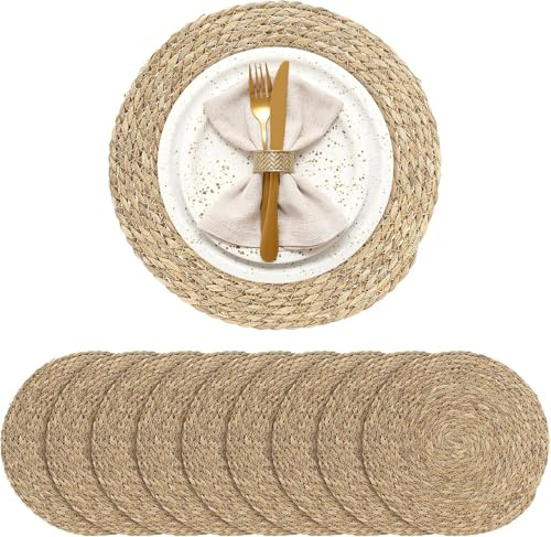 10er-Pack Runde Gewebte Platzsets, 33 cm Boho-Telleruntersetzer aus Rattan, Geflochtene Tischsets für Esstisch, Hochzeit, Bauernhaus-Stil, Outdoor und Weihnachten (Natur)