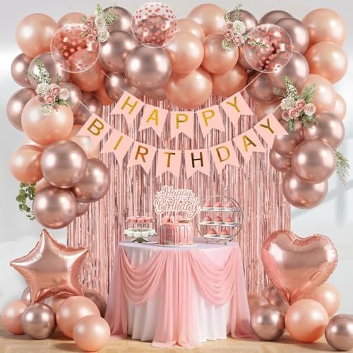 Geburtstagsdeko Rosegold, Rose Gold Geburtstagsdeko für Mädchen Frauen | Deko Geburtstag Frau, Happy Birthday Deko Roségold, Happy Birthday Banner mit Konfetti Luftballon Rosa Gold Lametta Vorhang