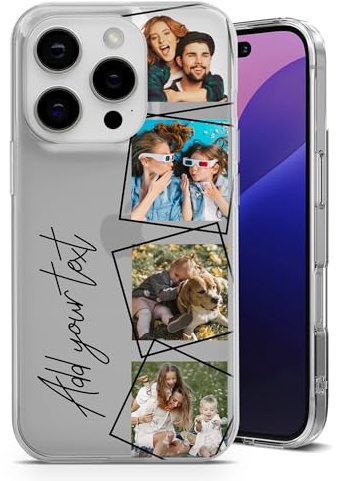 AIGAT Personalised Geometric Photo Collage Case for iPhone with Name/Text – 4 Images Custom Design Slim Clear TPU Shockproof Cover for iPhone 17, 16, 15, 14, 13, 12, 11 Pro Max & Plus