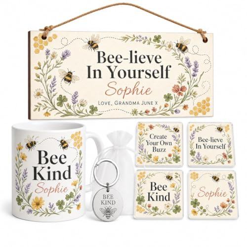 The Plum Penguin Personalised Bee Motivational Gift Box Set – Plaque, Mug, Coasters & Keyring