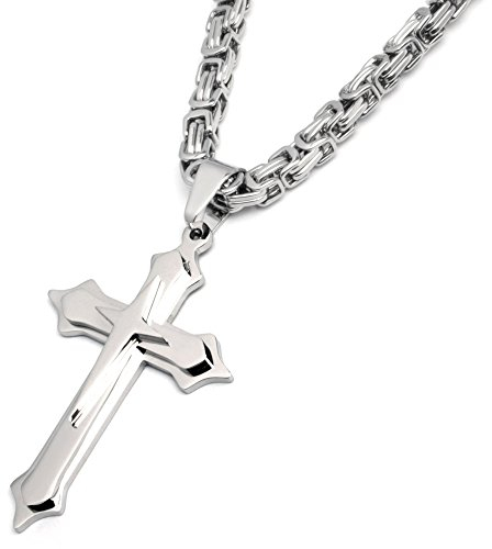 Schmuck-Checker Königskette mit Kreuz-Anhänger aus 316L Edelstahl Herren Halskette mit Kreuz silber poliert Männer-Kette Geschenk