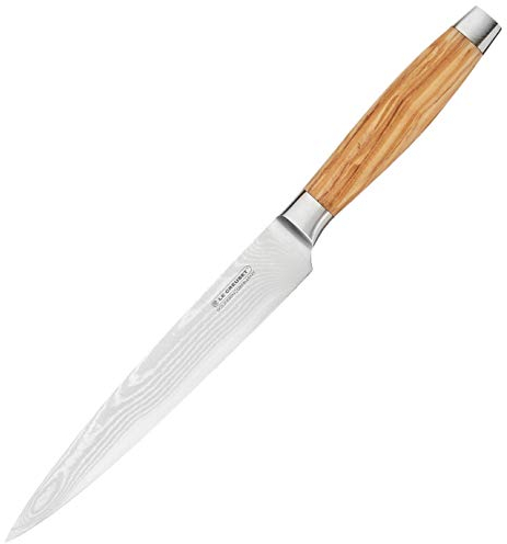 Le Creuset Schinkenmesser, 20 cm 18/8 Damaststahlklinge mit glattem Schliff, Olivenholzgriff, Rostfrei, Braun/Silber, 98000420000200