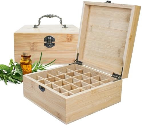 RoseFlower Bamboo Essential Oil Storage Box Home Fragrance Carrier Case, Holds 25 Bottles for 5, 10, 15ml - Aromatherapy Organizer Nail Polish Fragrance Container - Keep Your Oils Safe & Space Saver