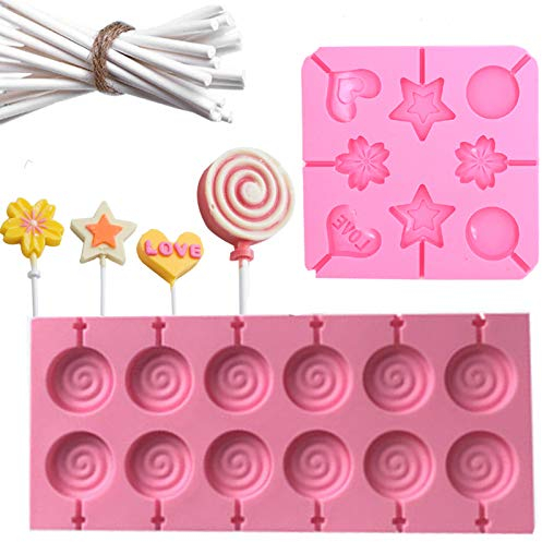 Nuluxi Moule à Sucette en Silicone Bâtonnets de Sucettes Moules Plaque à Lollipop Formes Rondes de Confection de Moules Avec 120 Bâtonnets Flexible et Antiadhésive pour Faire des Chocolats et Sucette