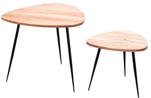 WOHNLING 2er Set Satztisch Akazie Massivholz/Metall Couchtisch Klein, Design Beistelltisch Set Zwei Holz-Tische, Wohnzimmertisch Tisch Metallgestell