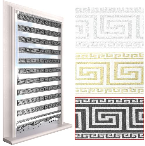 Brillant® Doppelrollo Zebra Rollos Klemmfix ohne Bohren Jalousien Duorollo Schwarz Silber Rankenmuster mit Perlen Kariert Motiv Raffrollo für Fenster Balkon Tür, Made in Germany 90 x 200 cm (B x L)