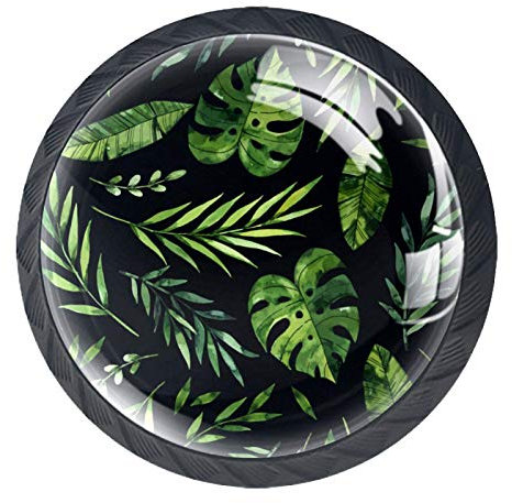 Tropical Black Green Leaf Drawer Knob Pull Handle Cupboard Knobs with Screws 4pcs