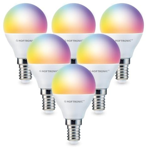HOFTRONIC - 6er Smart Home E14 LED Lampe P45 - Farbig RGBWW - 5,5 Watt 470 Lumen - WiFi + Bluetooth - Steuerbar via Handy und Sprache (Google Home, Alexa und Siri)