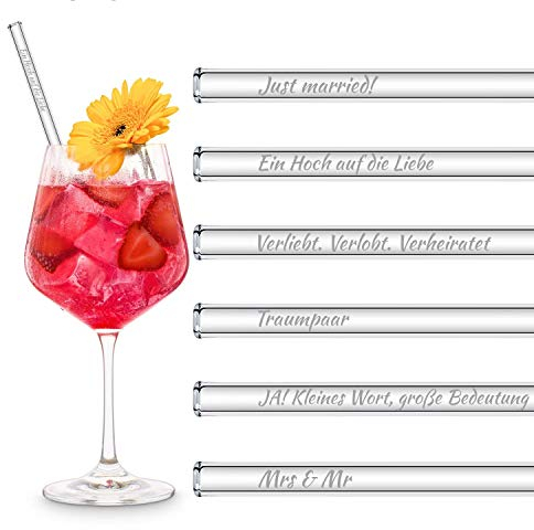 HALM Glas-Strohhalme Hochzeit Sprüche 6 Stück gerade 20 cm mit Gravur Hochzeitsgeschenk zur Hochzeit | Wiederverwendbare Glas-Trinkhalme graviert - Glasstrohalme