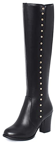 Onewus Stivali alti al ginocchio da donna con tacco a blocco e punta arrotondata, ecopelle nera, 40 EU